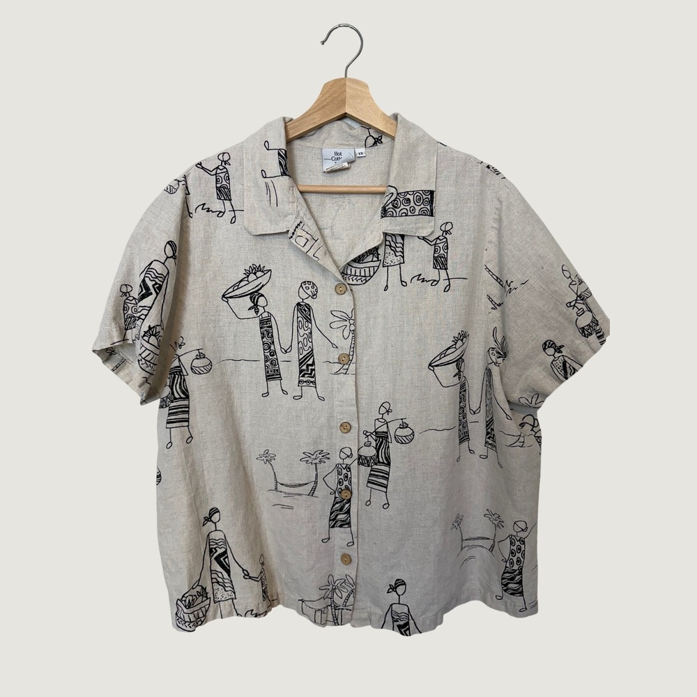 Hot Cotton Woman Marc Ware 1X Beige Black Village Print Button Down Shirt Art